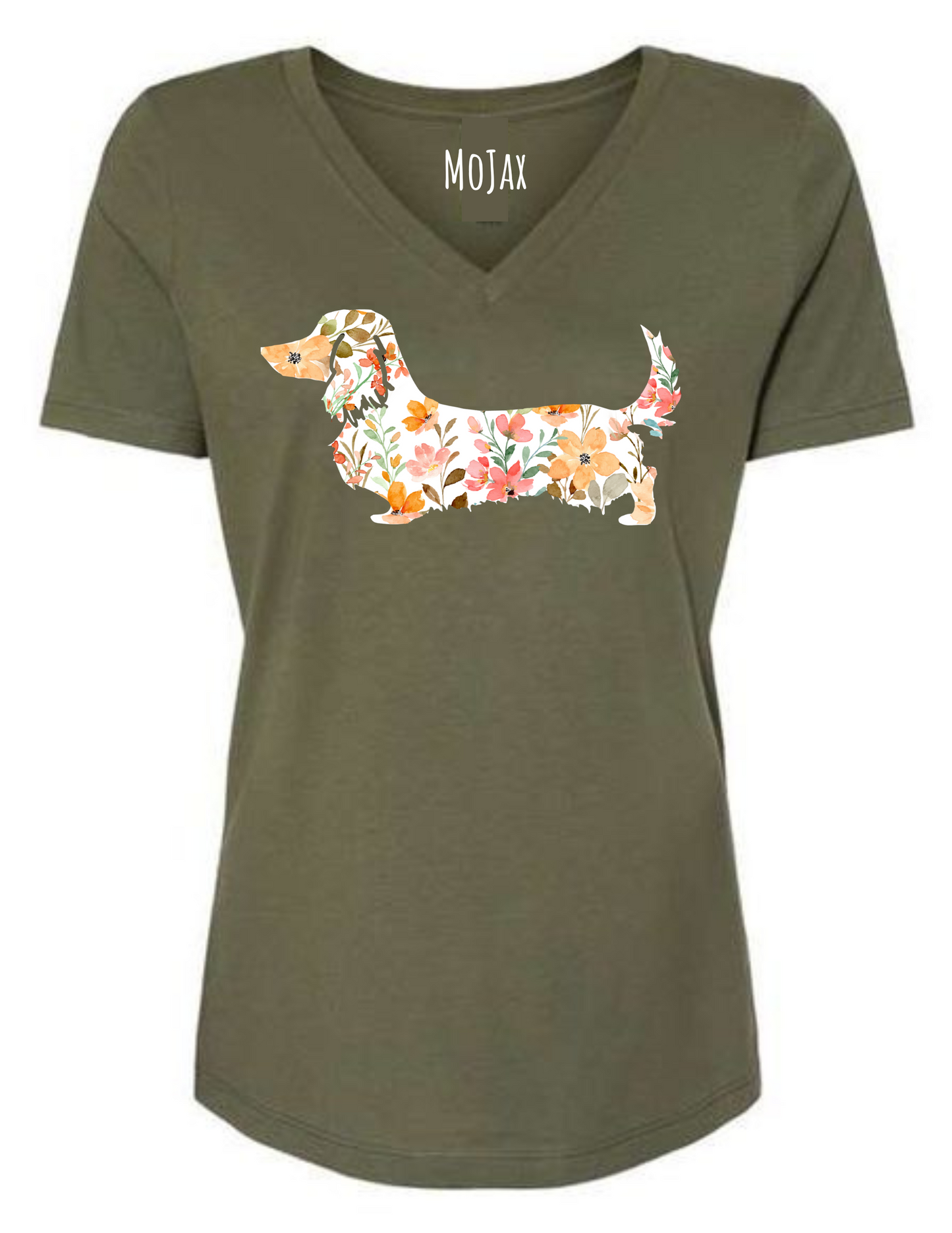 V Neck T Shirt - Pink Floral Dachshund