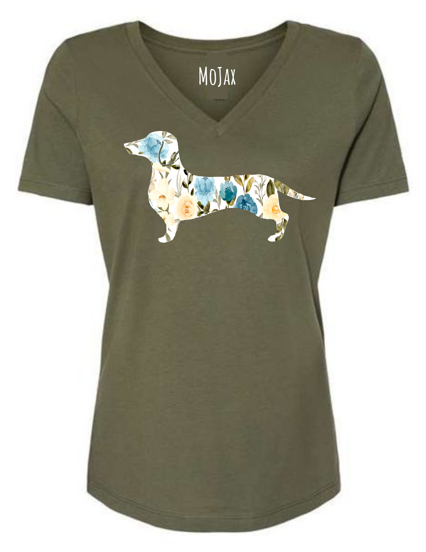 V Neck T Shirt - Blue Floral Dachshund