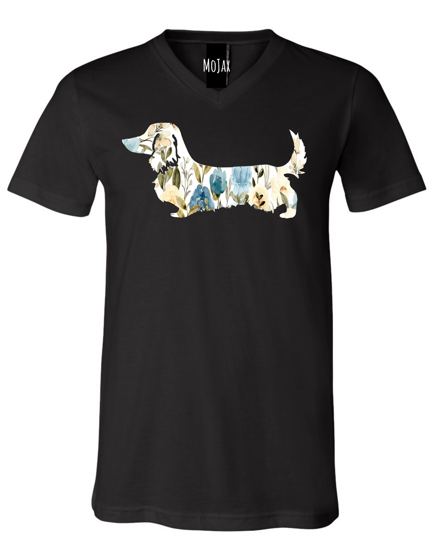 T Shirt - Unisex V Neck - Blue Floral Dachshund
