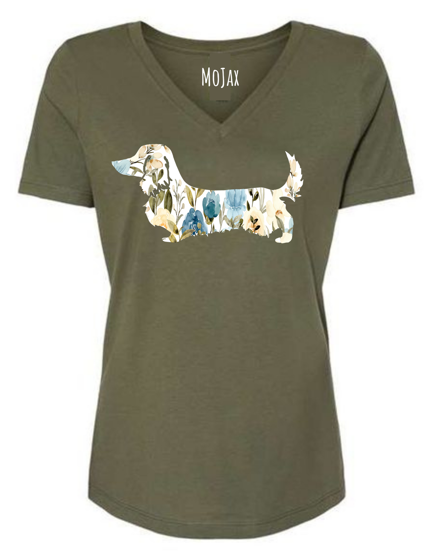 V Neck T Shirt - Blue Floral Dachshund