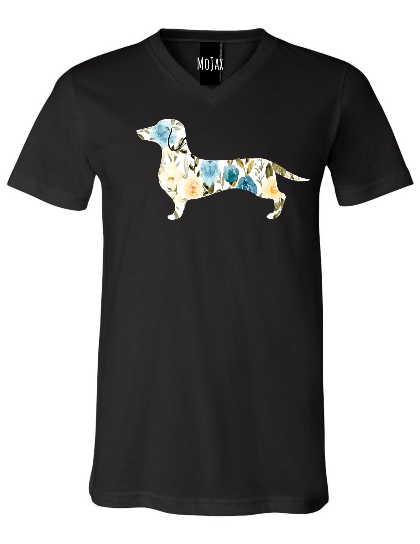 T Shirt - Unisex V Neck - Blue Floral Dachshund