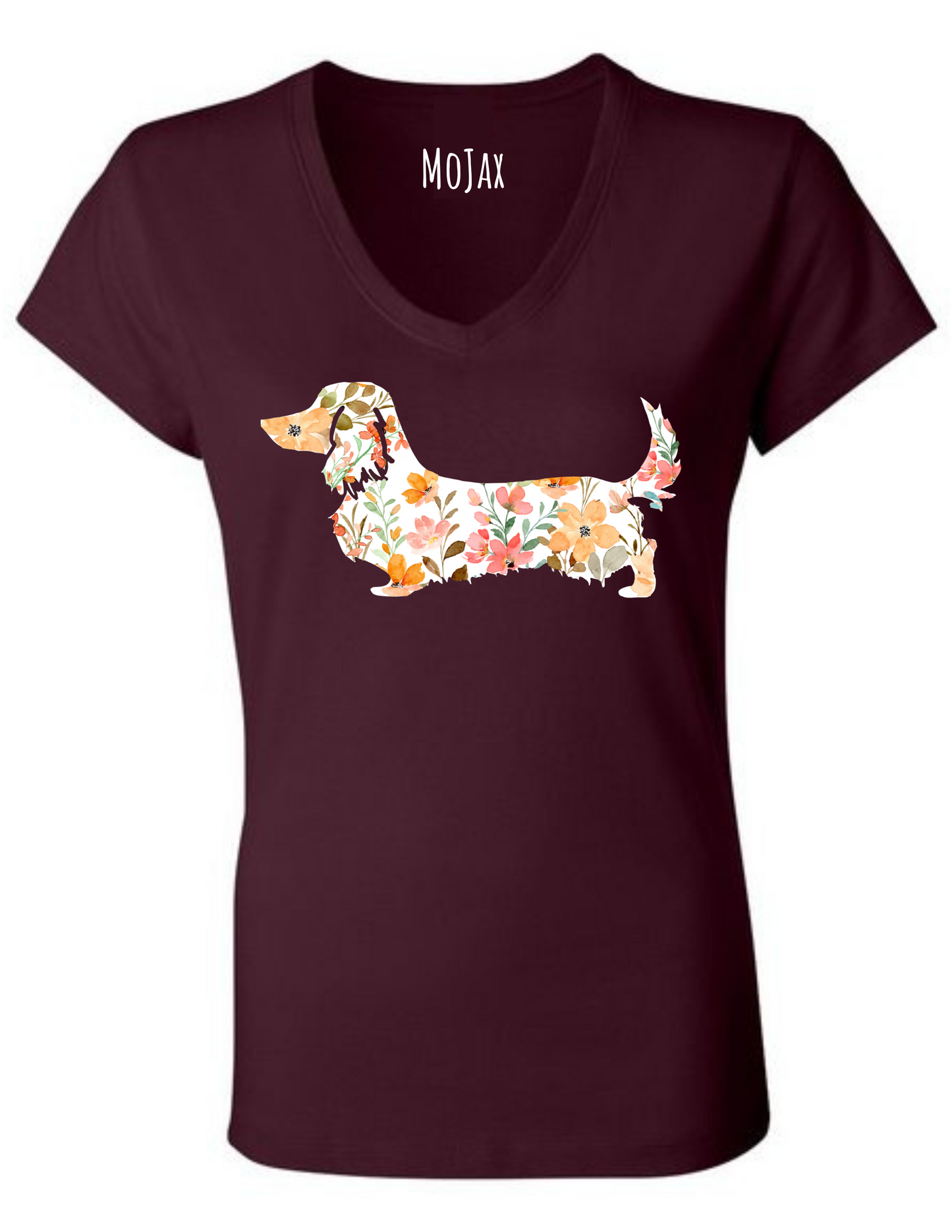 V Neck T Shirt - Pink Floral Dachshund