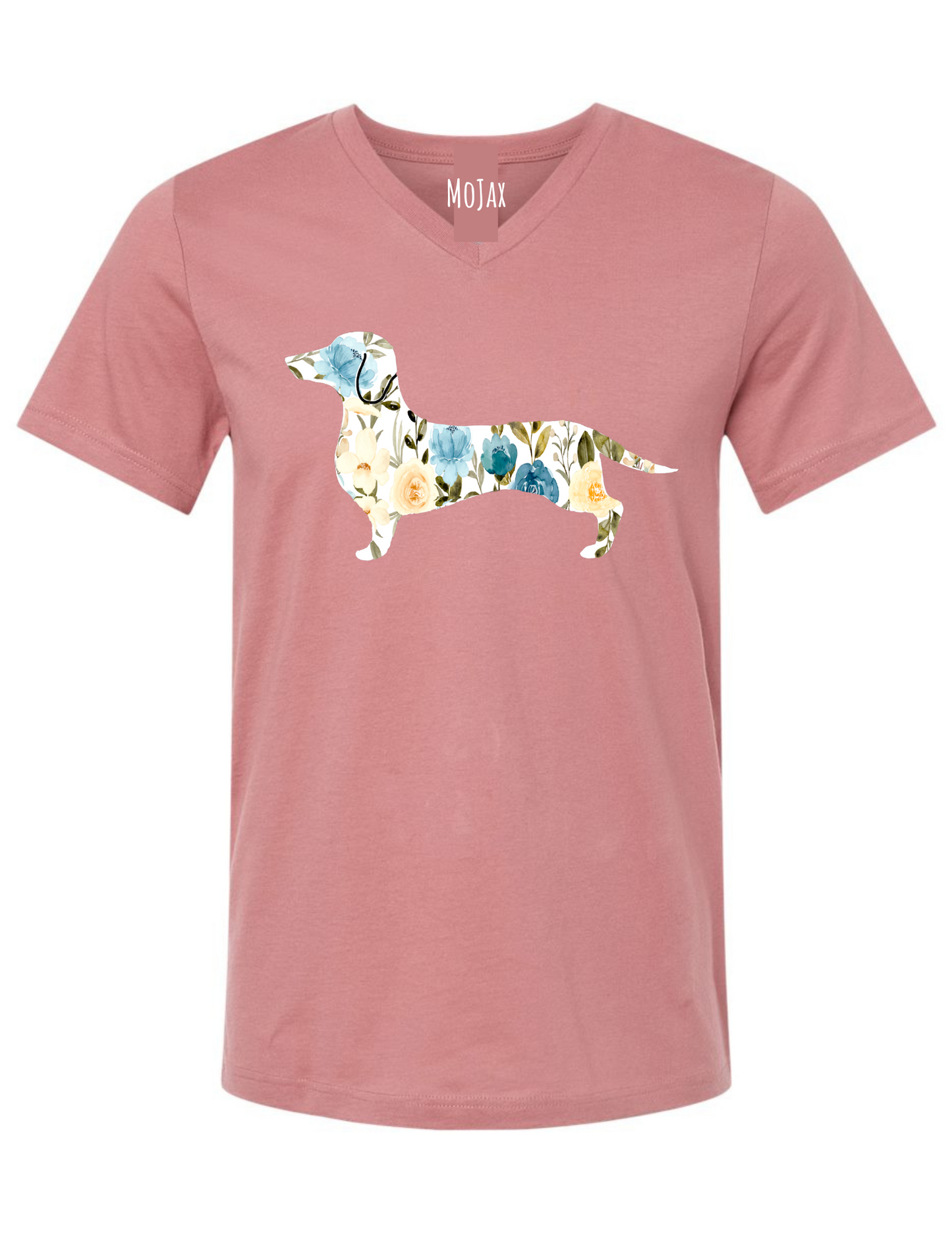 T Shirt - Unisex V Neck - Blue Floral Dachshund
