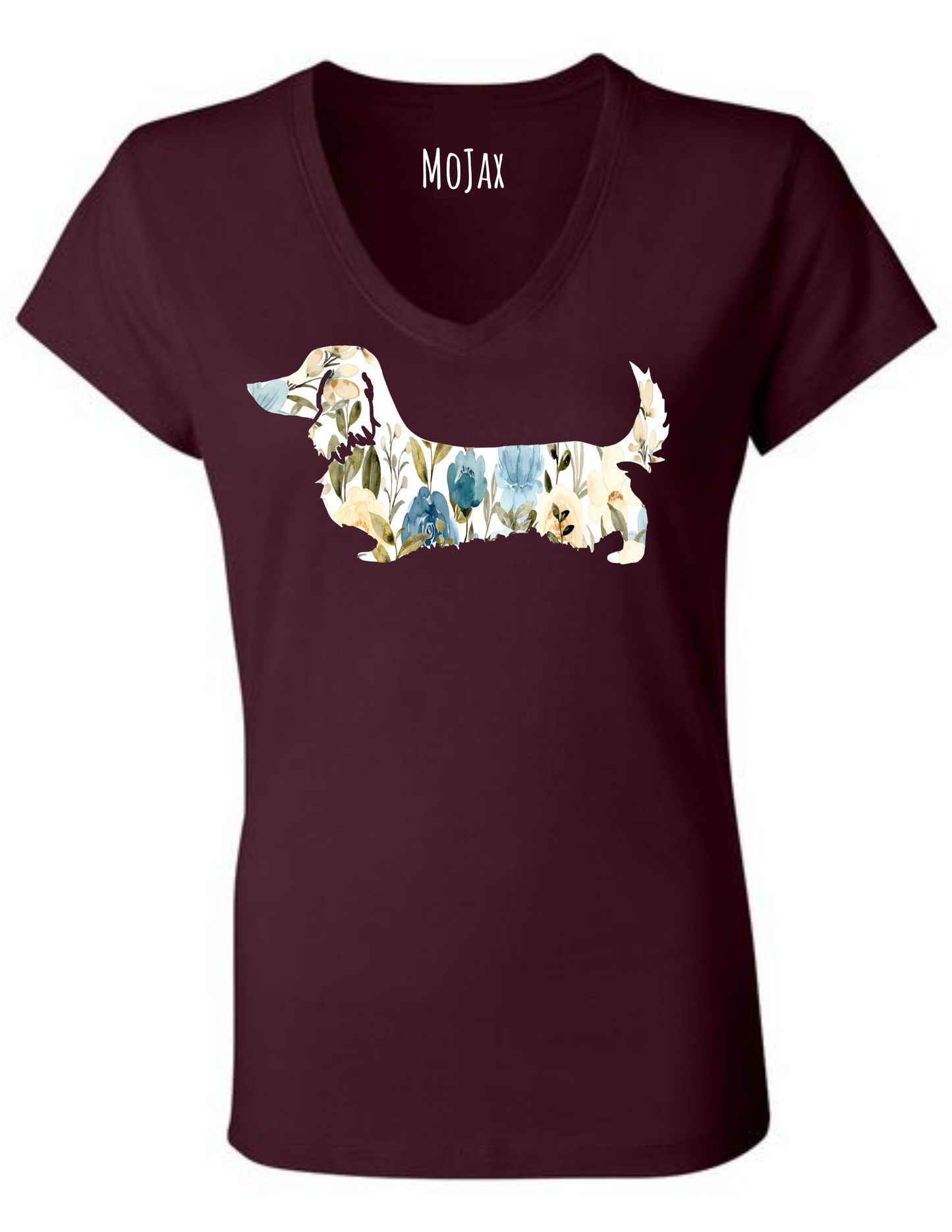 V Neck T Shirt - Blue Floral Dachshund