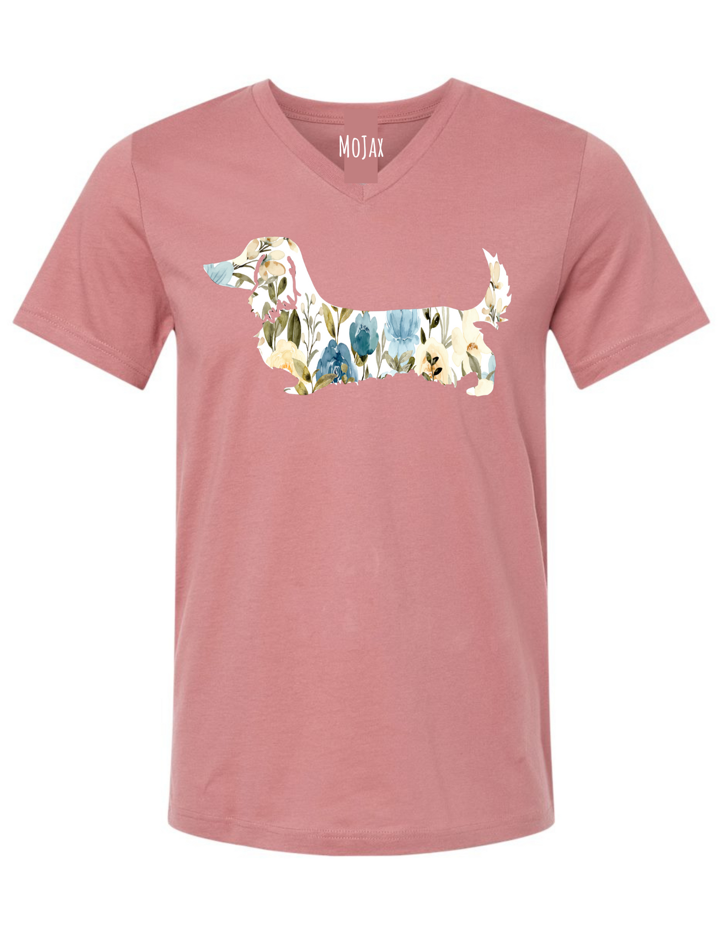 T Shirt - Unisex V Neck - Blue Floral Dachshund