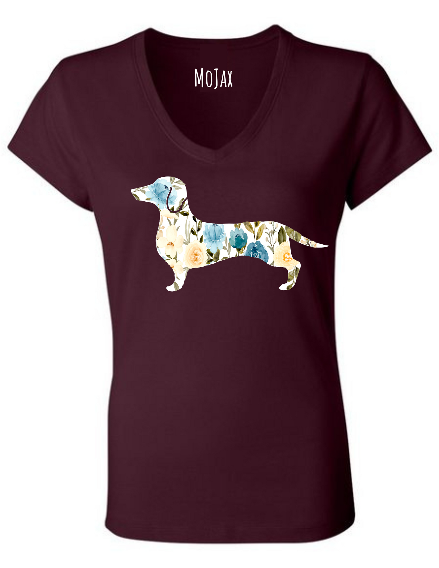 V Neck T Shirt - Blue Floral Dachshund