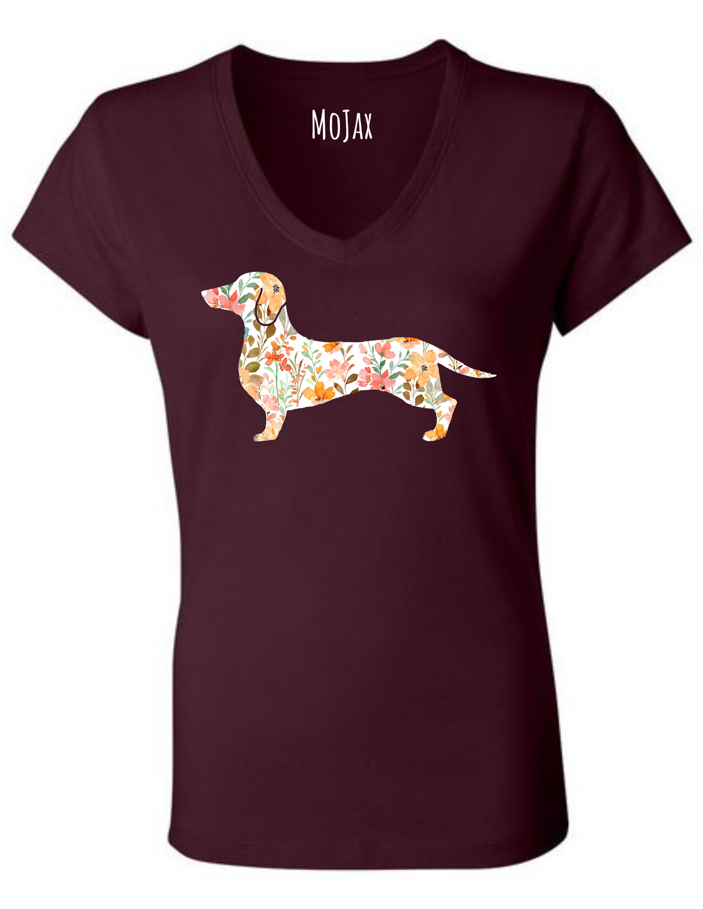 V Neck T Shirt - Pink Floral Dachshund