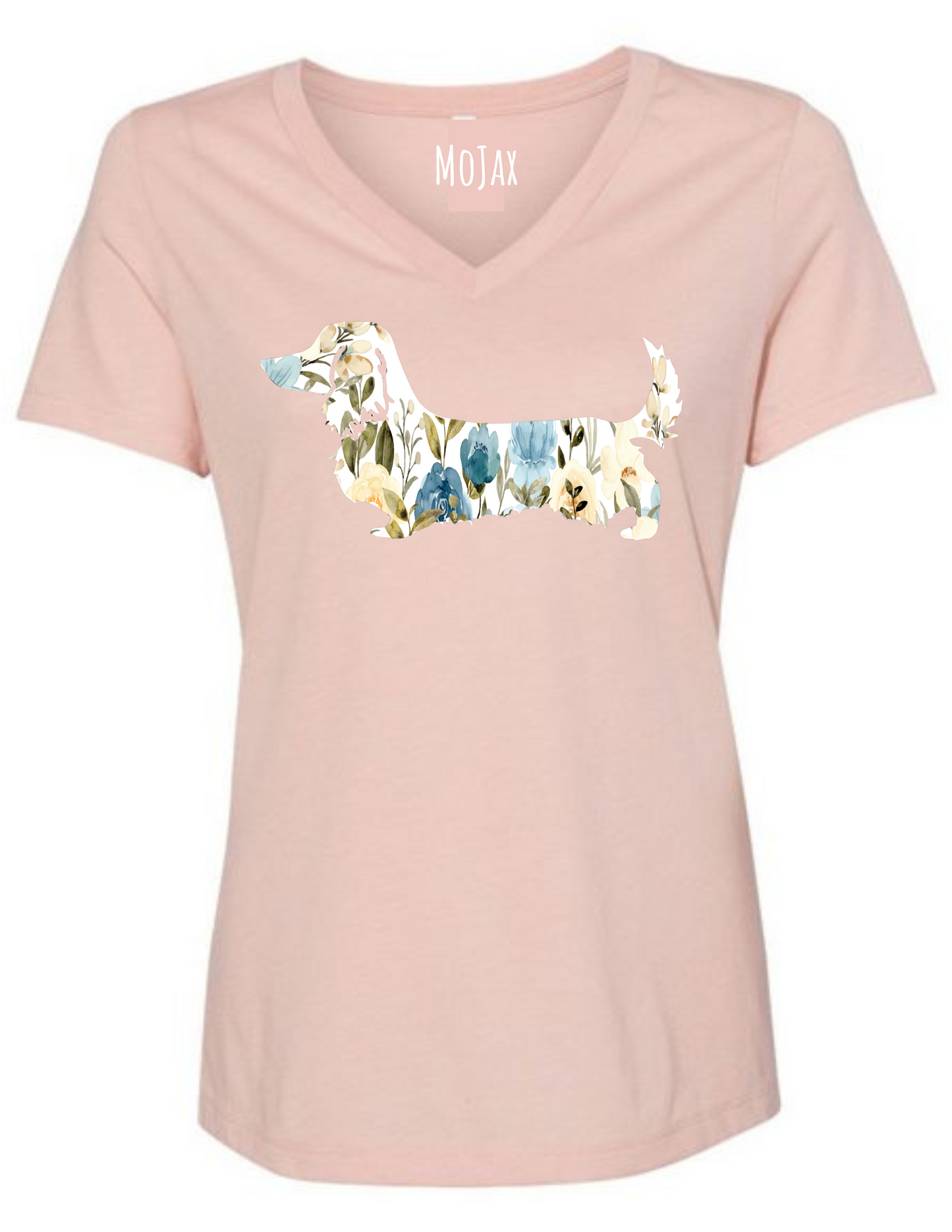 V Neck T Shirt - Blue Floral Dachshund