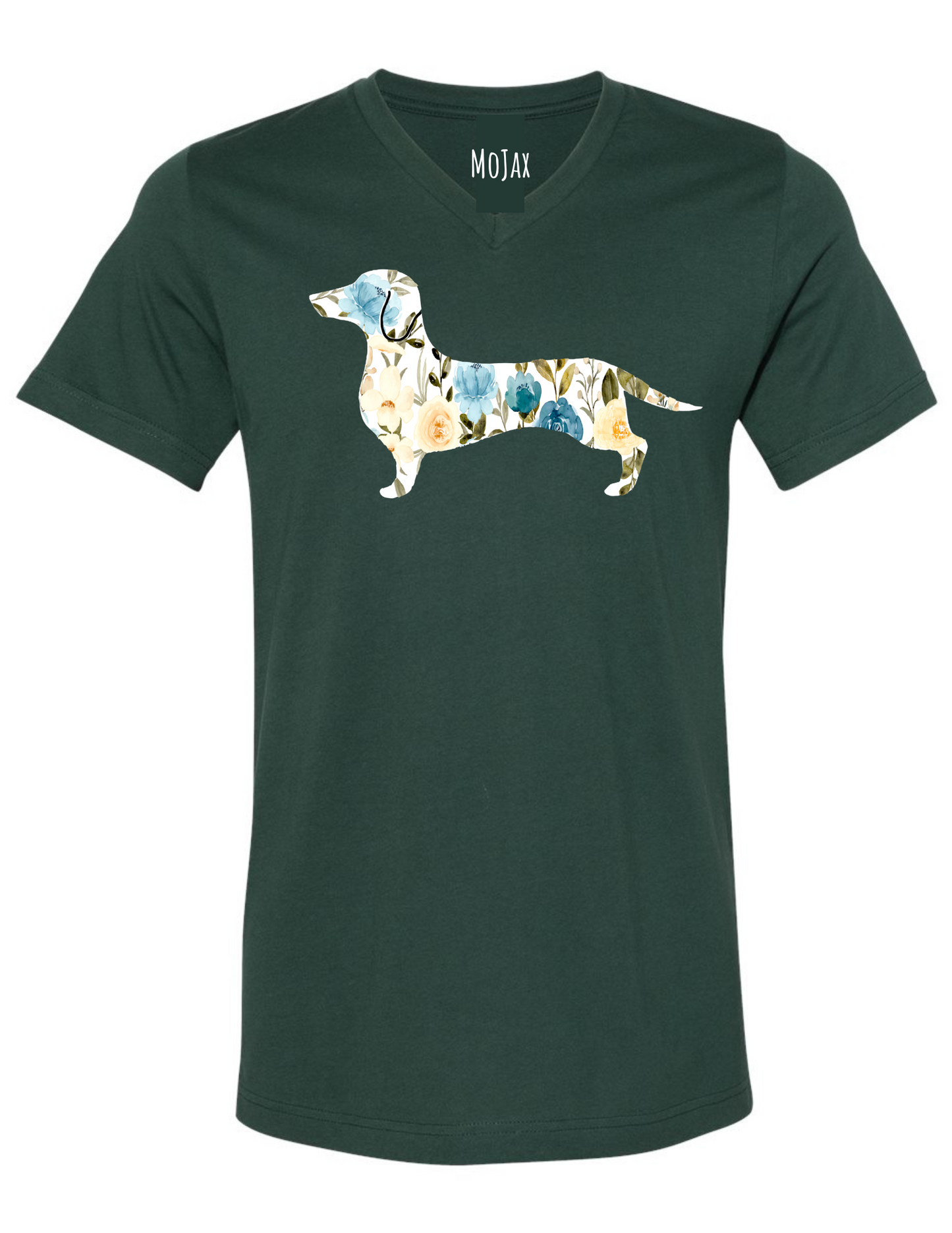 T Shirt - Unisex V Neck - Blue Floral Dachshund