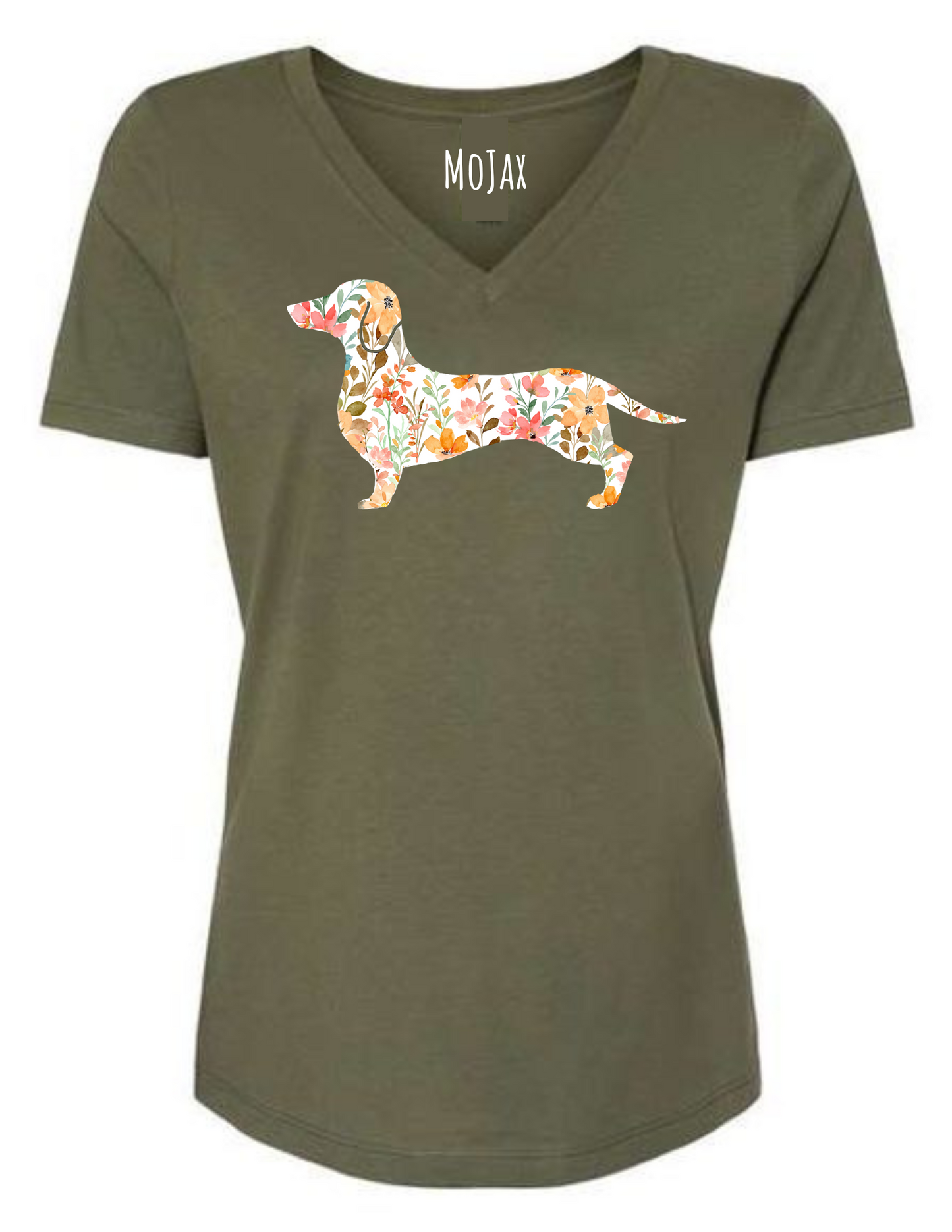 V Neck T Shirt - Pink Floral Dachshund