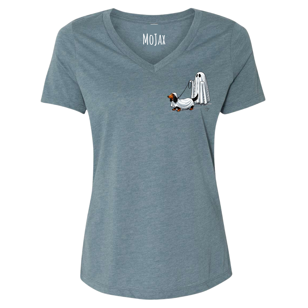 Women's V Neck T Shirt - " Small Weenie Walking Ghost"