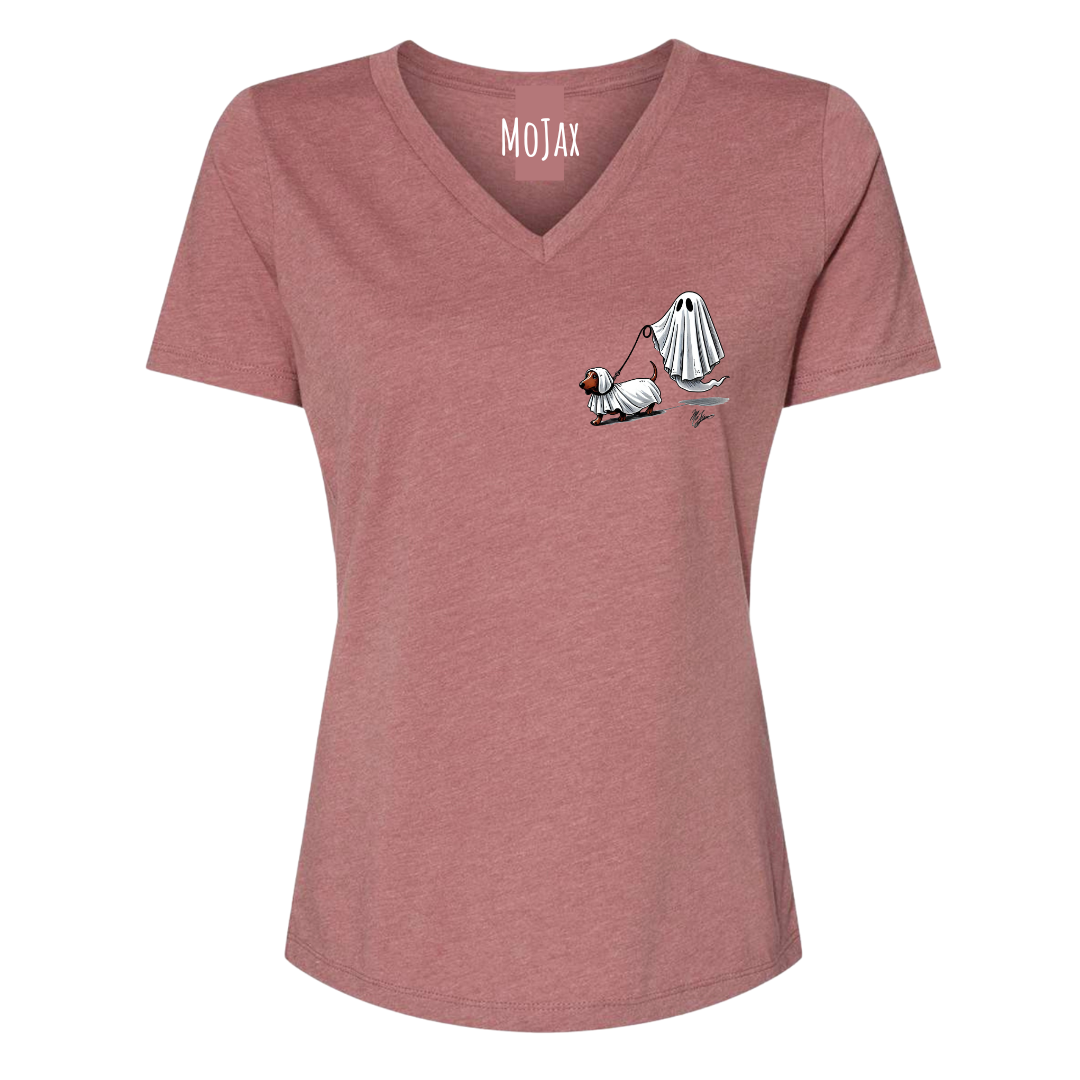 Women's V Neck T Shirt - " Small Weenie Walking Ghost"