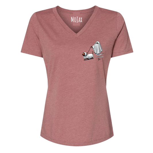 Women's V Neck T Shirt - " Small Weenie Walking Ghost"