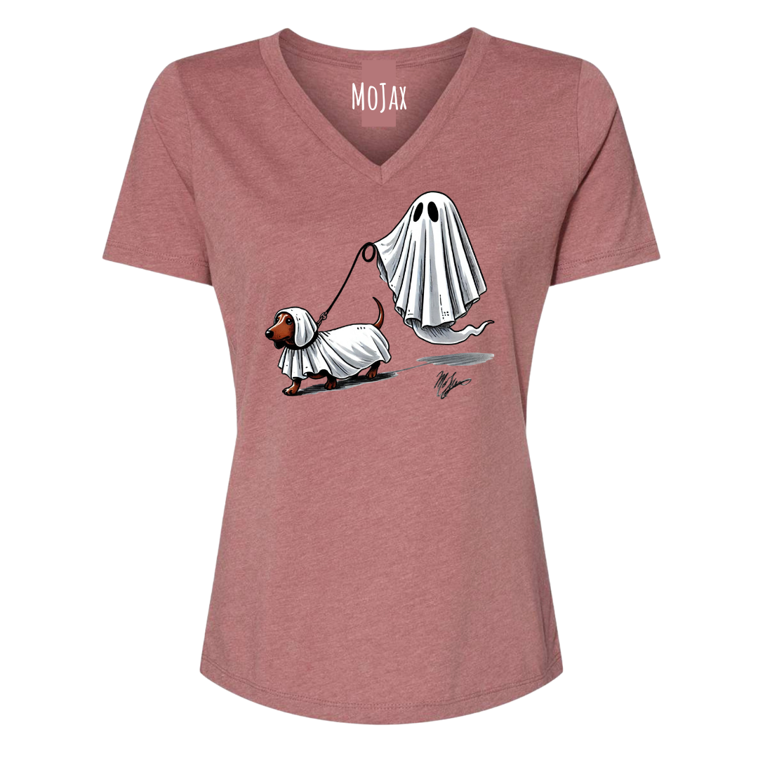 Women's V Neck T Shirt - " Large Weenie Walking Ghost"