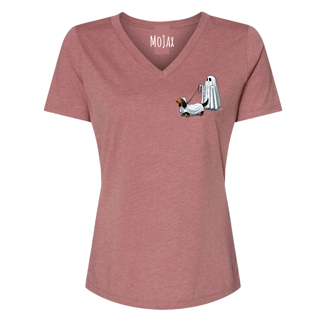 Women's V Neck T Shirt - " Small Weenie Walking Ghost"