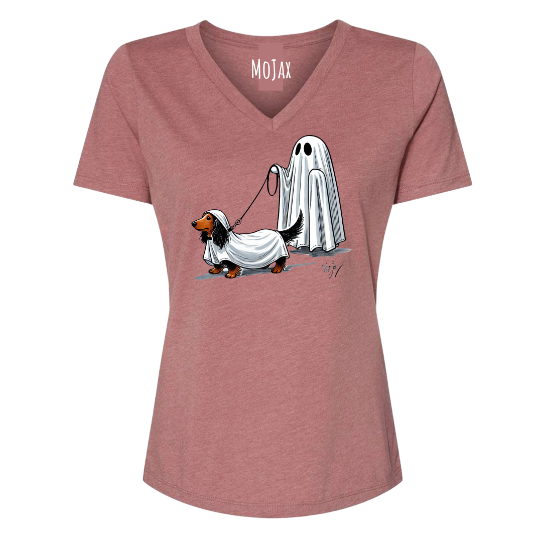 Women's V Neck T Shirt - " Large Weenie Walking Ghost"