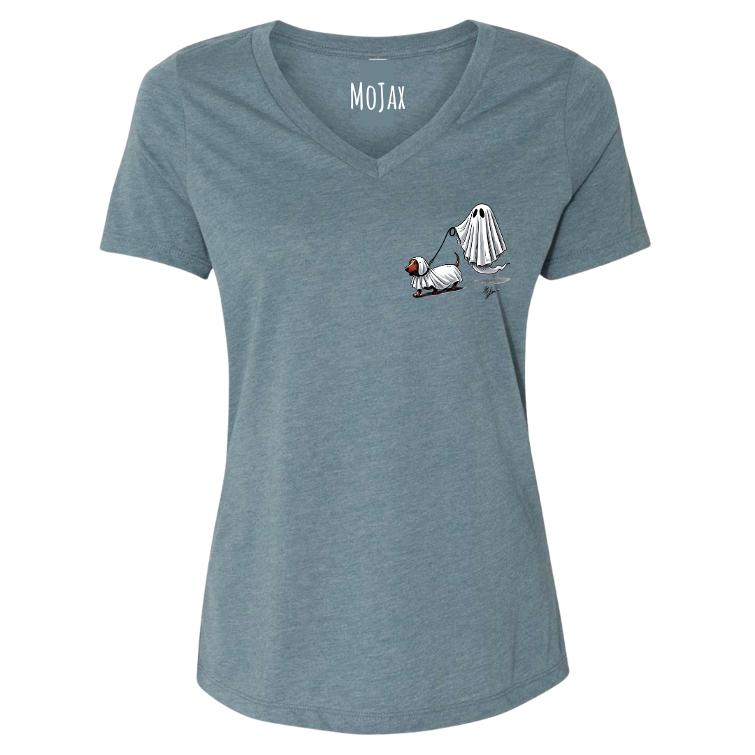 Women's V Neck T Shirt - " Small Weenie Walking Ghost"