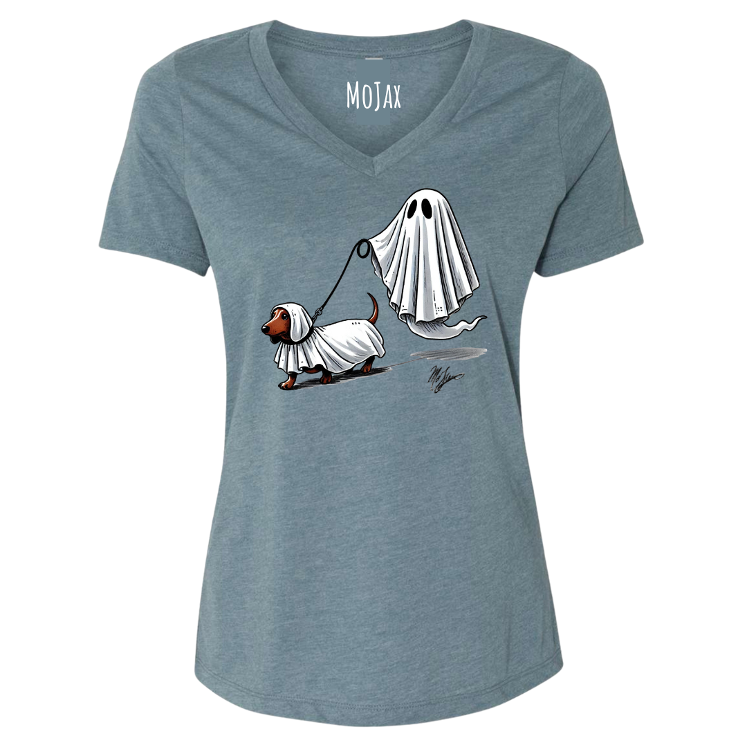 Women's V Neck T Shirt - " Large Weenie Walking Ghost"