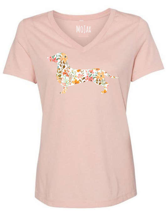 V Neck T Shirt - Pink Floral Dachshund