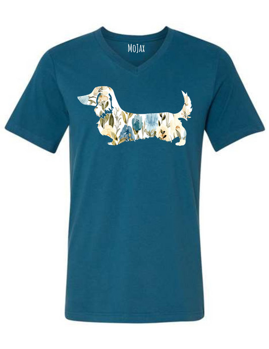 T Shirt - Unisex V Neck - Blue Floral Dachshund