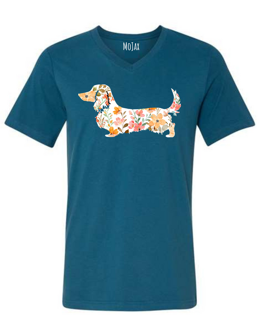 T Shirt - Unisex V Neck - Pink Floral Dachshund