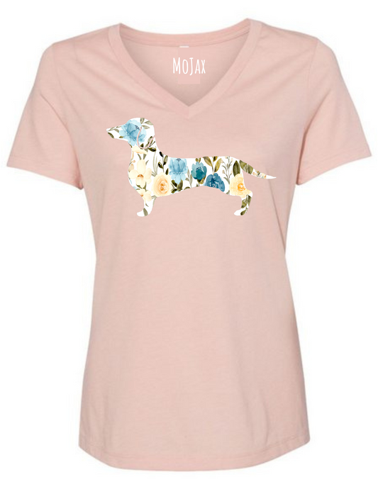 V Neck T Shirt -  Blue Floral Dachshund