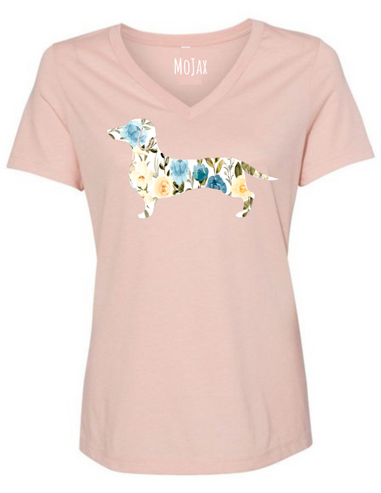 V Neck T Shirt - Blue Floral Dachshund